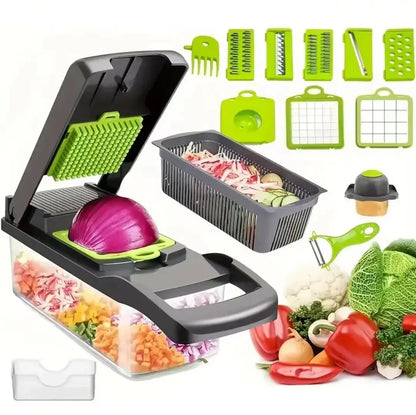 Multifunctional kitchen slicer with various attachments and sliced vegetables on a white background