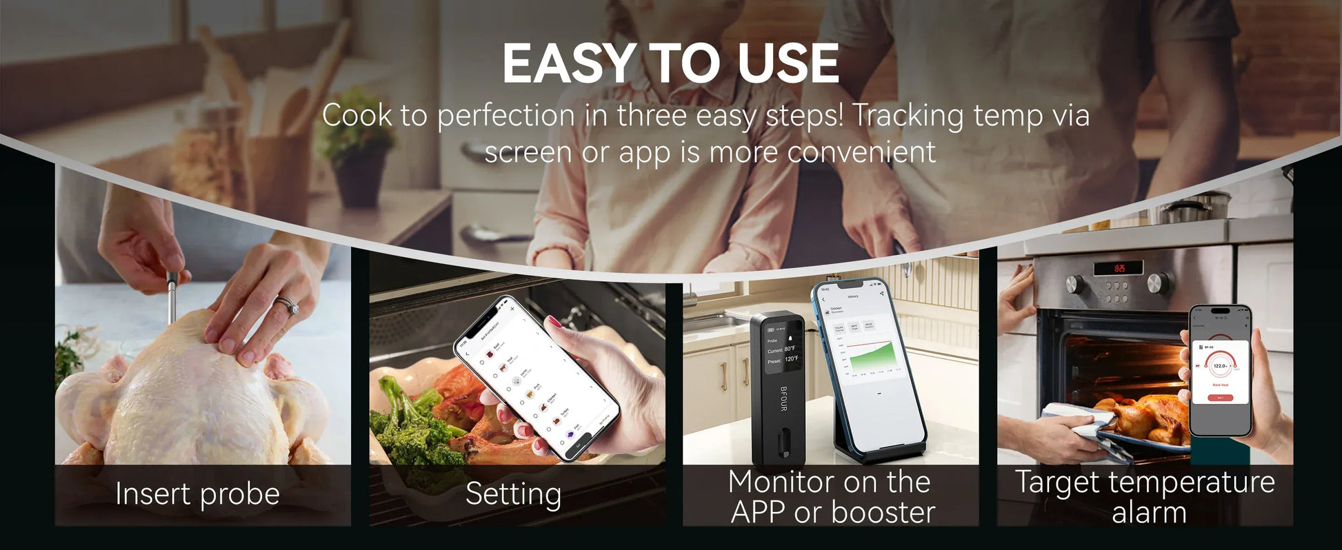 Collage of a kitchen scene with text about an easy-to-use cooking device, including tracking temperature via screen or app.