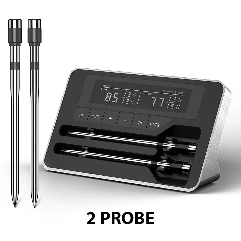 Digital thermometer with two probes on a white background
