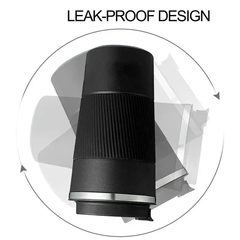 Black cylindrical object with a silver base on a white background, labeled 'LEAK-PROOF DESIGN'.