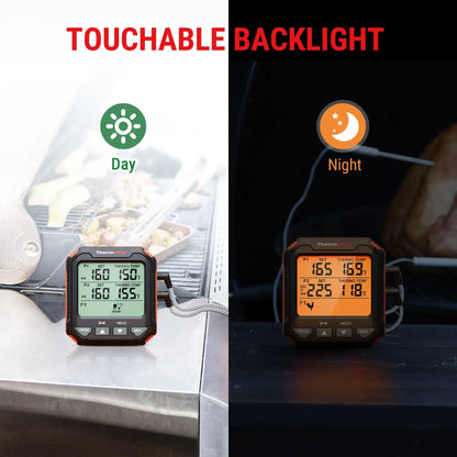 Digital thermometer with touchable backlight feature showing temperature readings in day and night modes.