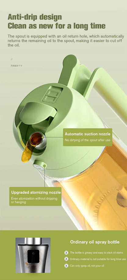 Green oil sprayer with text on a green background