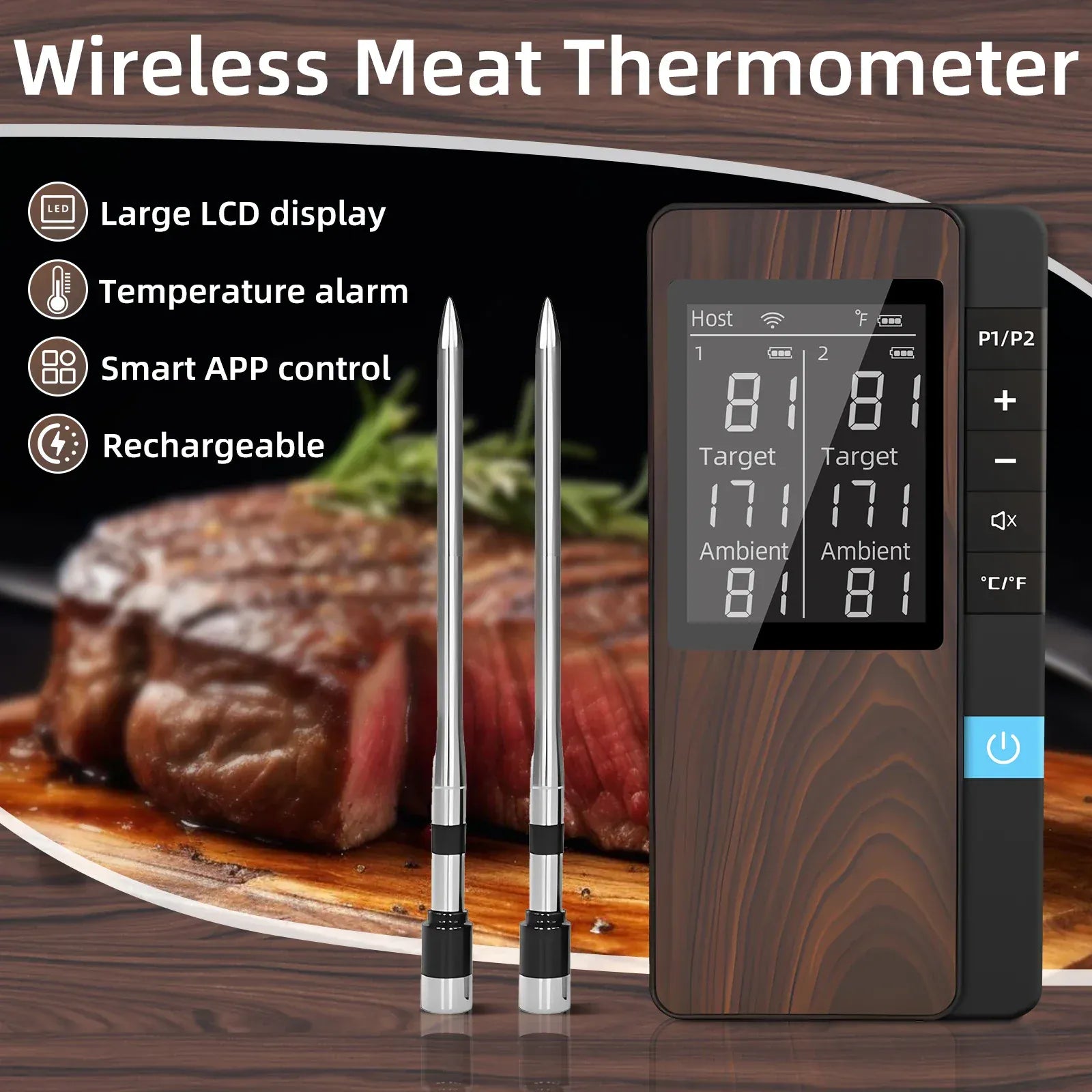 Wireless meat thermometer with large LCD display, temperature alarm, smart APP control, and rechargeable feature on a wooden surface with a steak in the background.