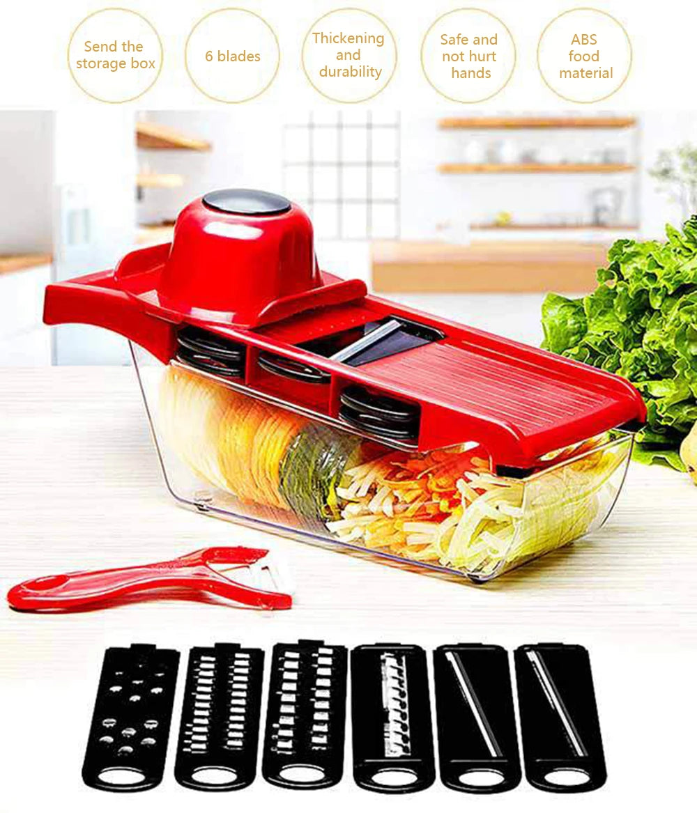 Red vegetable slicer with clear container filled with sliced vegetables on a kitchen counter.
