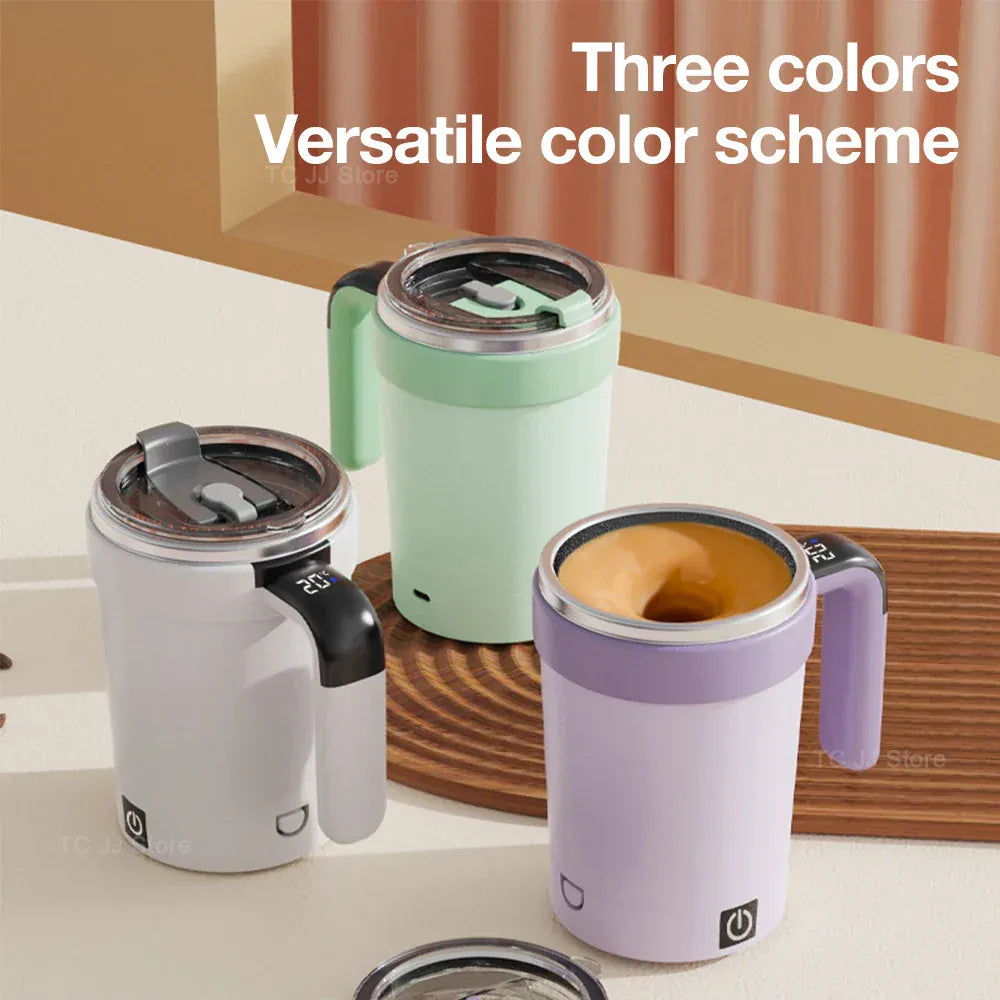 Three colorful travel mugs on a wooden surface with text 'Three colors Versatile color scheme'.