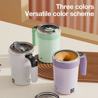 Three colorful travel mugs on a wooden surface with text 'Three colors Versatile color scheme'.