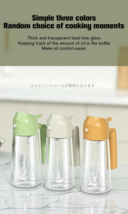 Three glass bottles with colored lids on a marble surface.