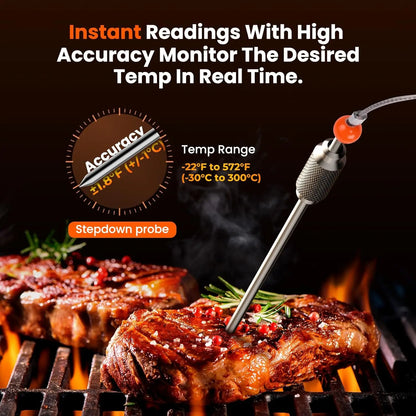 Steak on a grill with a temperature probe displaying accuracy and temperature range information.