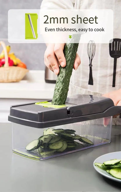 Person using a mandoline slicer to slice a cucumber with text indicating 2mm thickness.