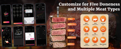 Smartphone app interface for meat doneness customization with a stack of cooked meats and icons.