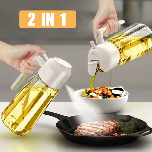 Two bottles of oil being used to cook food on a stove and plate.