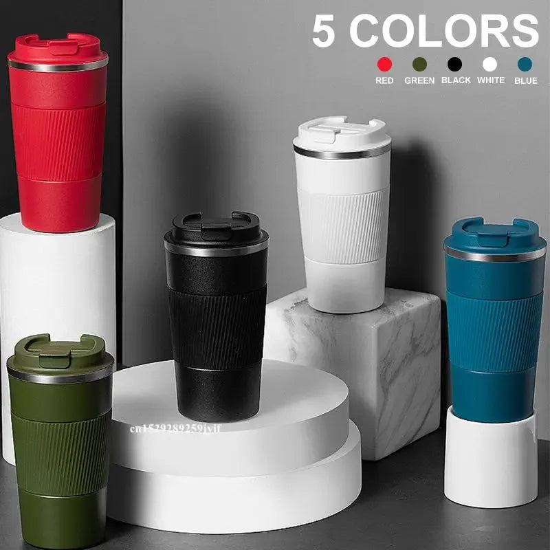 Set of five colorful travel mugs on a gray background with color options displayed.
