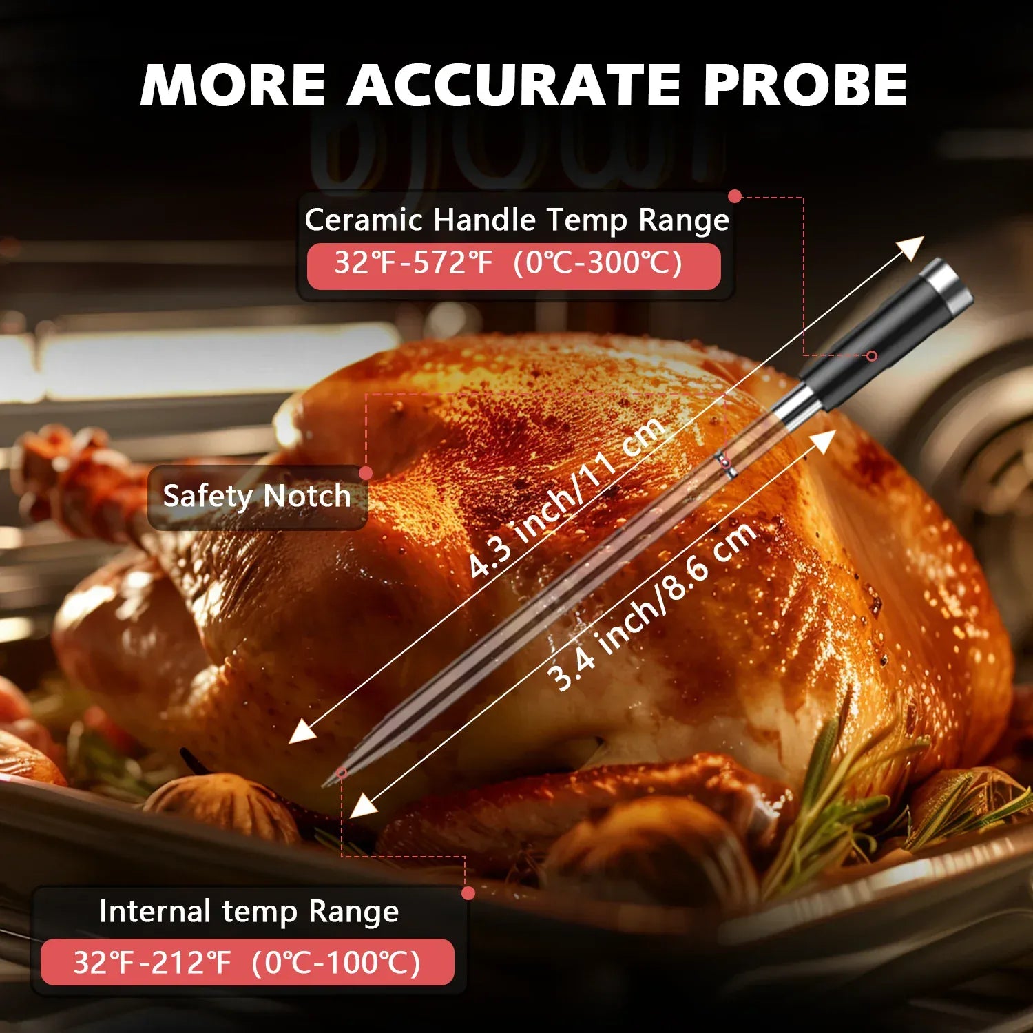 Thermometer probe with roasted chicken, showing temperature range and features.