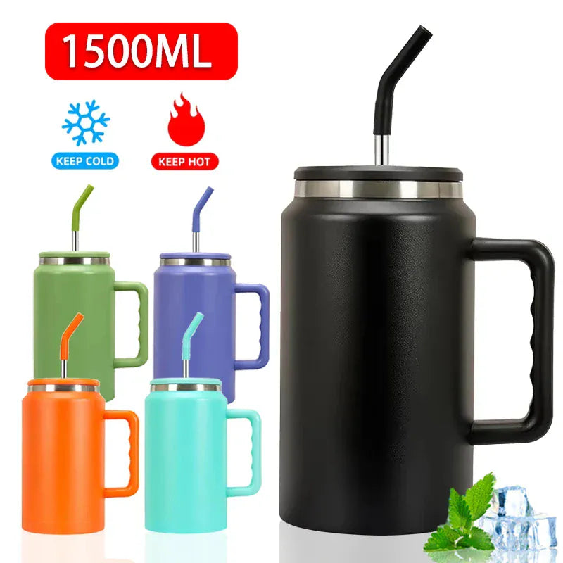 Black insulated mug with handle and straw, surrounded by other colorful mugs, on a white background.