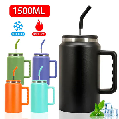 Black insulated mug with handle and straw, surrounded by other colorful mugs, on a white background.