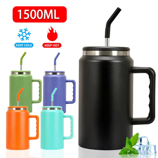 Black insulated mug with handle and straw, surrounded by other colorful mugs, on a white background.