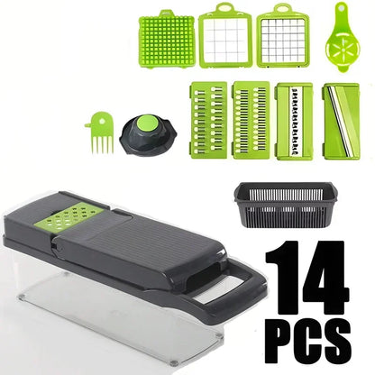 Vegetable chopper set with various attachments on a white background