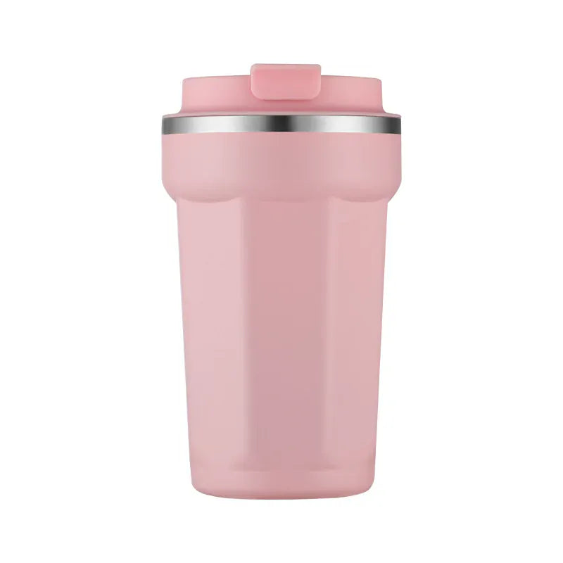 Pink travel mug with a silver rim on a white background