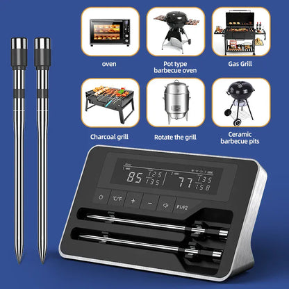 Digital thermometer with grilling tools on a blue background, showing various grilling methods.