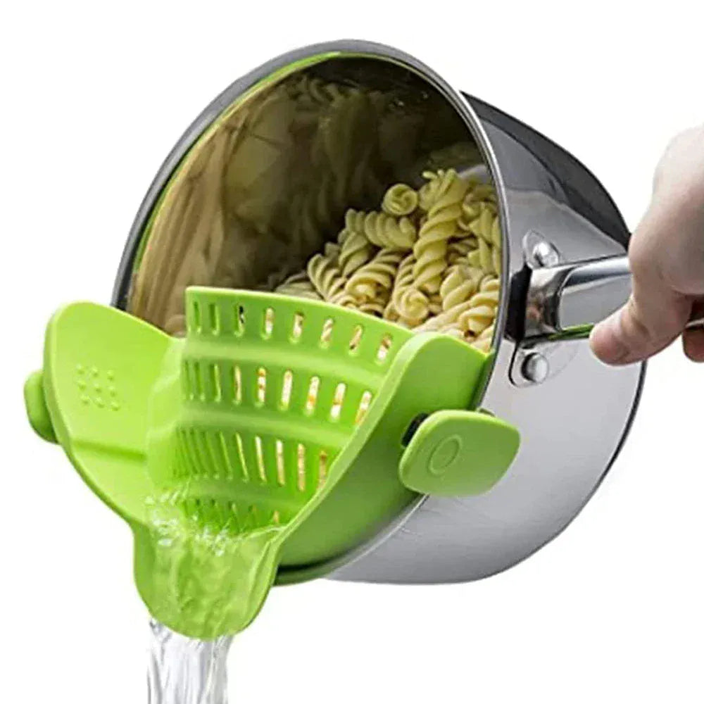 Snap & Strain Hands-Free Silicone Colander – Anti-Spill Kitchen Strainer for Pasta, Noodles & Vegetables.
