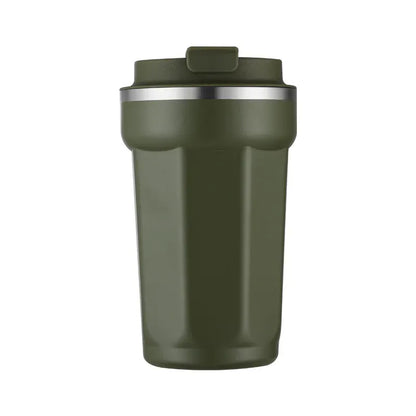 Green insulated mug with a silver lid on a white background