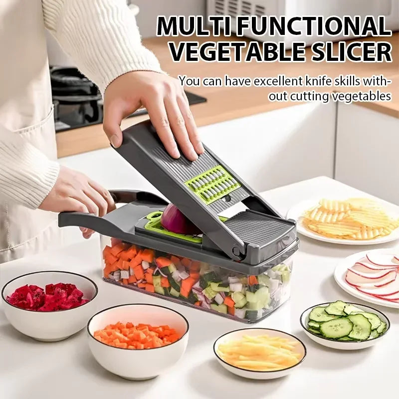 Multi-functional vegetable slicer being used with various sliced vegetables on a kitchen counter.