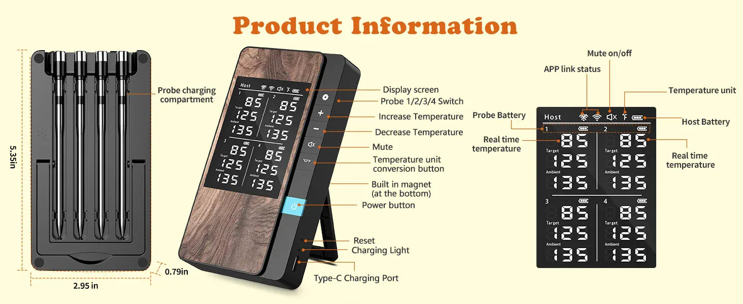 Digital temperature display with charging compartment and product information on a beige background