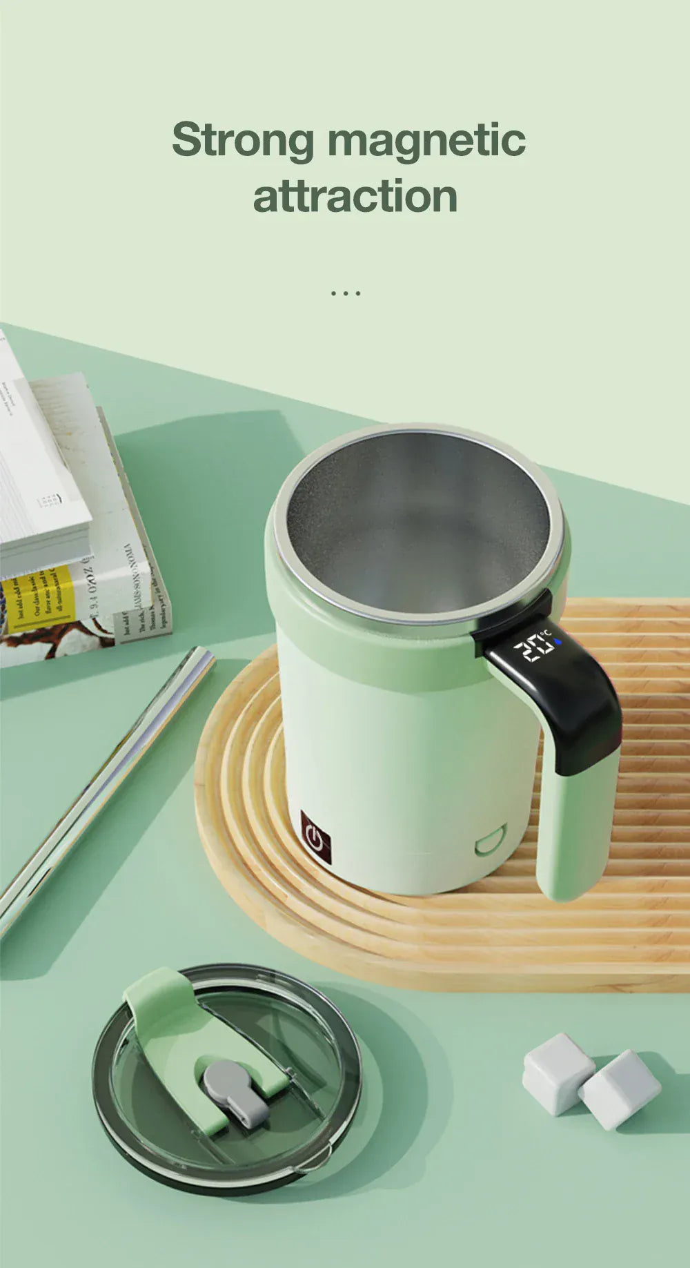 Green mug with black handle on a green surface with text 'Strong magnetic attraction'.