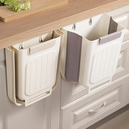 No-Bend Hanging Kitchen Trash Can – Foldable 9L Waste Bin for Cabinet Doors.