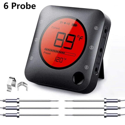 Digital thermometer with red display and multiple probes on a white background