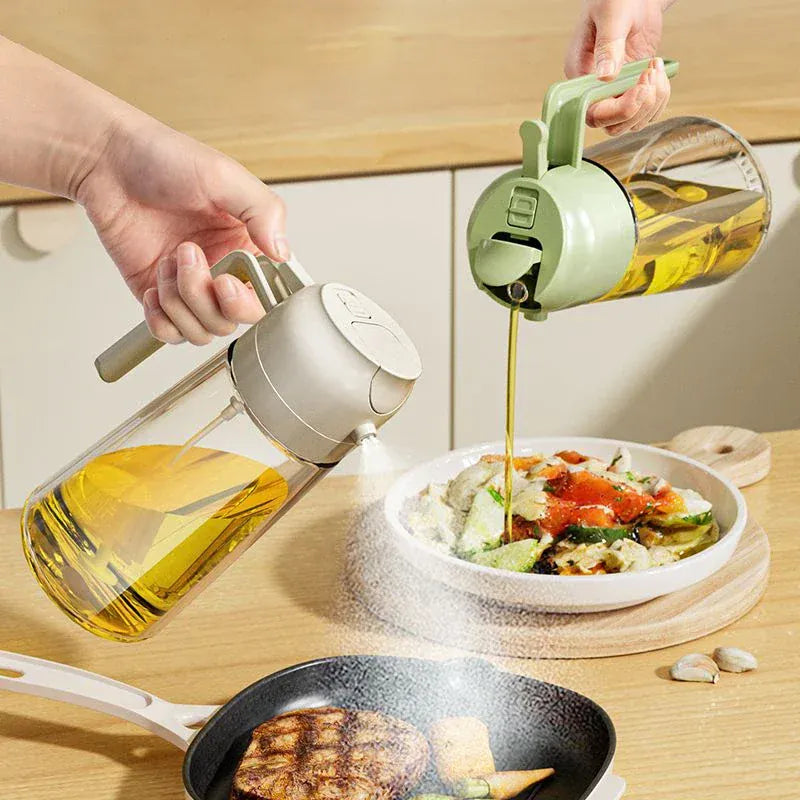 Person pouring oil from a bottle onto a salad on a kitchen counter.