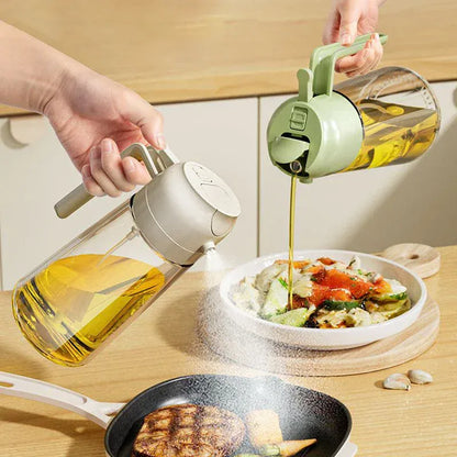 Person pouring oil from a bottle onto a salad on a kitchen counter.