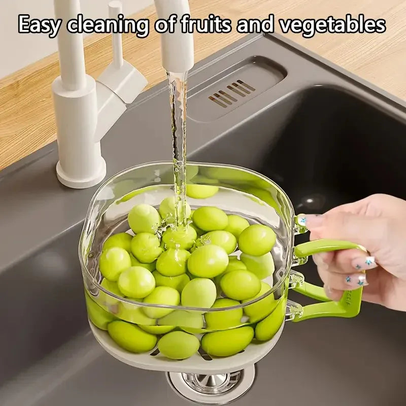 Mess-Free 2-in-1 Double Layer Drain Basket – Anti-Spill Fruit & Vegetable Strainer with Foldable Handle.