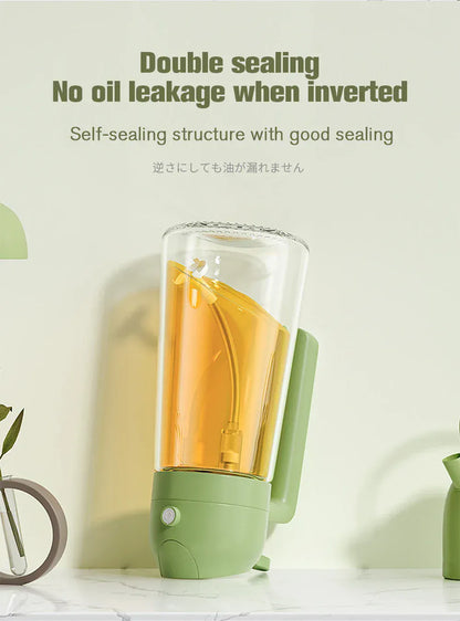 Green and clear container with oil, text about sealing properties on a light background