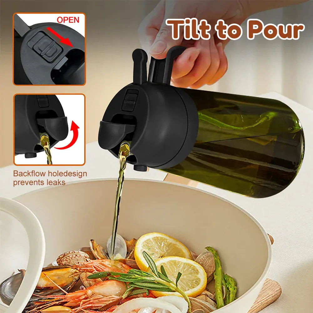 Oil bottle with a pour spout being used to pour oil over food, with text 'Tilt to Pour' and 'Backflow hole design prevents leaks'.