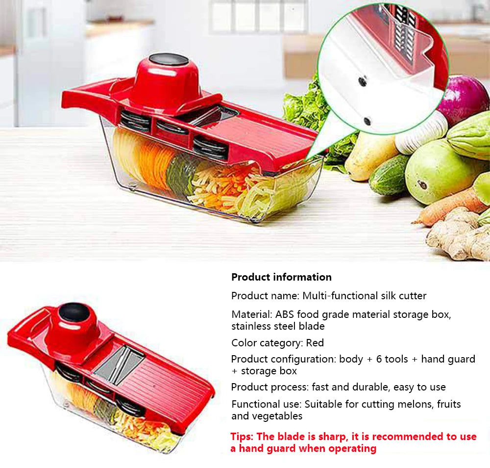 Red multi-functional silk cutter with sliced vegetables on a kitchen counter
