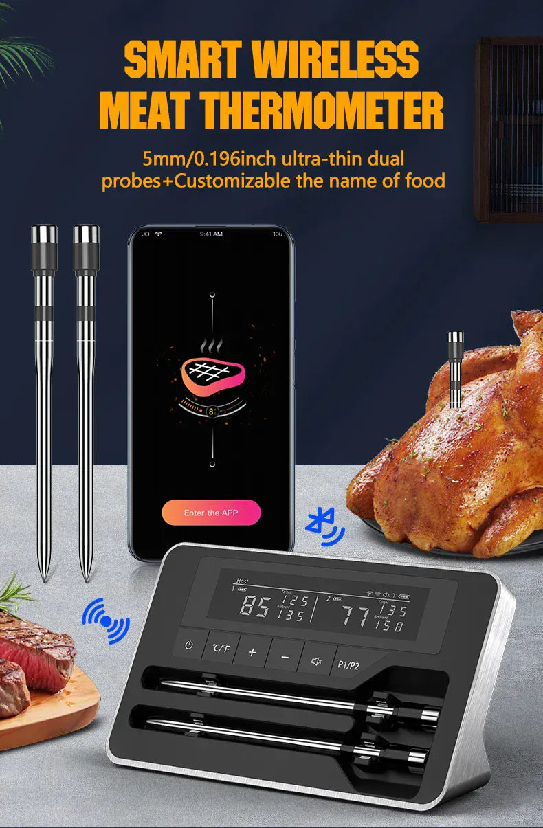 Smart wireless meat thermometer with smartphone app and cooked chicken on a dark background