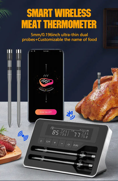 Smart wireless meat thermometer with smartphone app and cooked chicken on a dark background