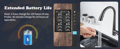 Digital thermometer with extended battery life features, displayed alongside a kitchen scene with a faucet.