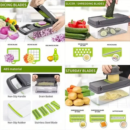 Multifunctional kitchen tool with various blades for slicing, dicing, and shredding vegetables.