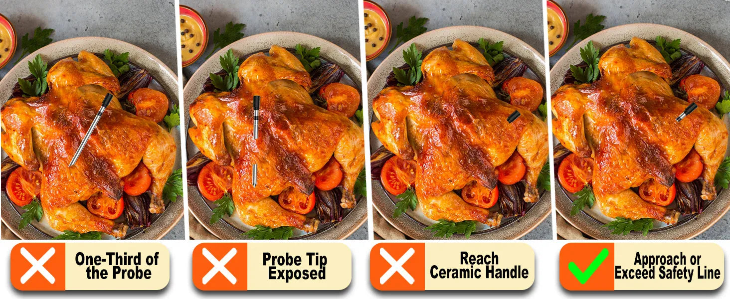 Step-by-step guide on how to properly insert a meat thermometer into a roasted chicken.