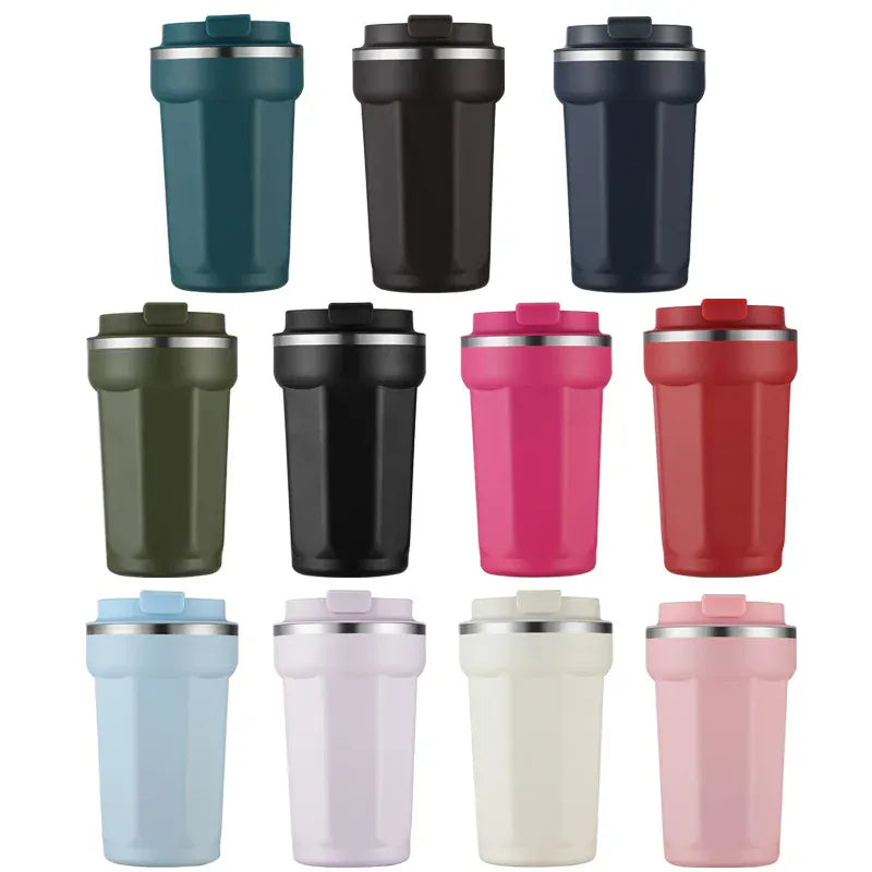 Collection of insulated travel mugs in various colors on a white background
