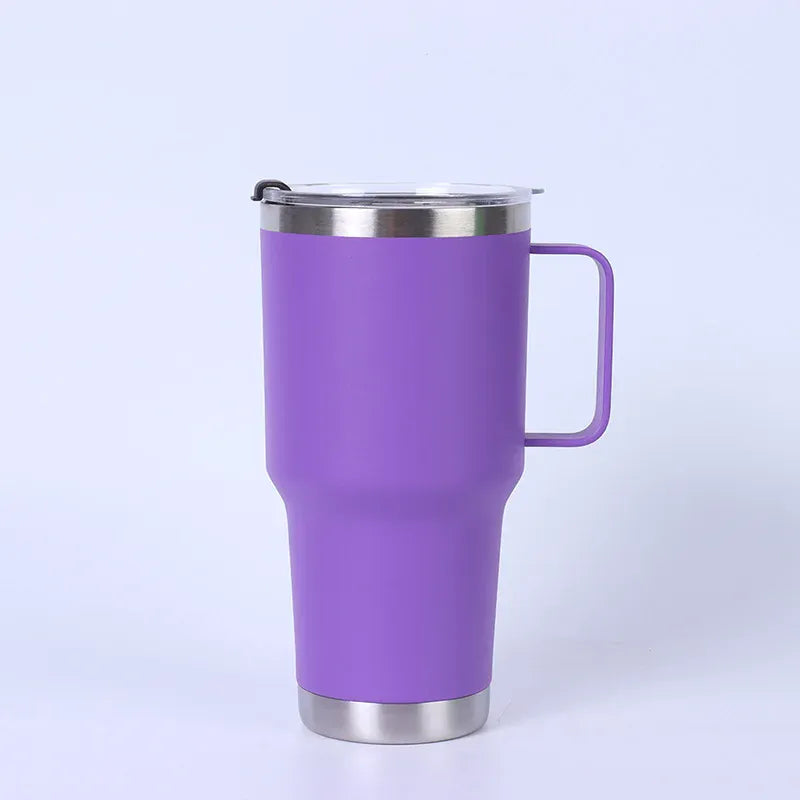 Purple insulated mug with a handle on a light purple background
