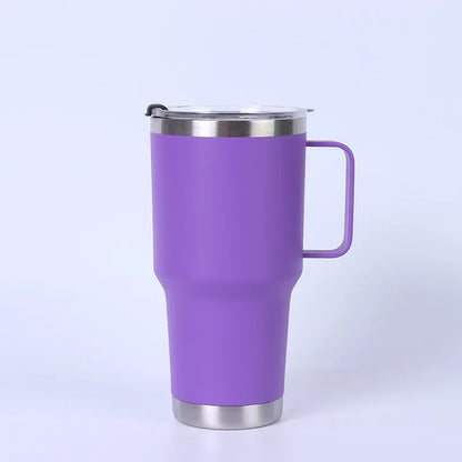 Purple insulated mug with a handle on a light purple background