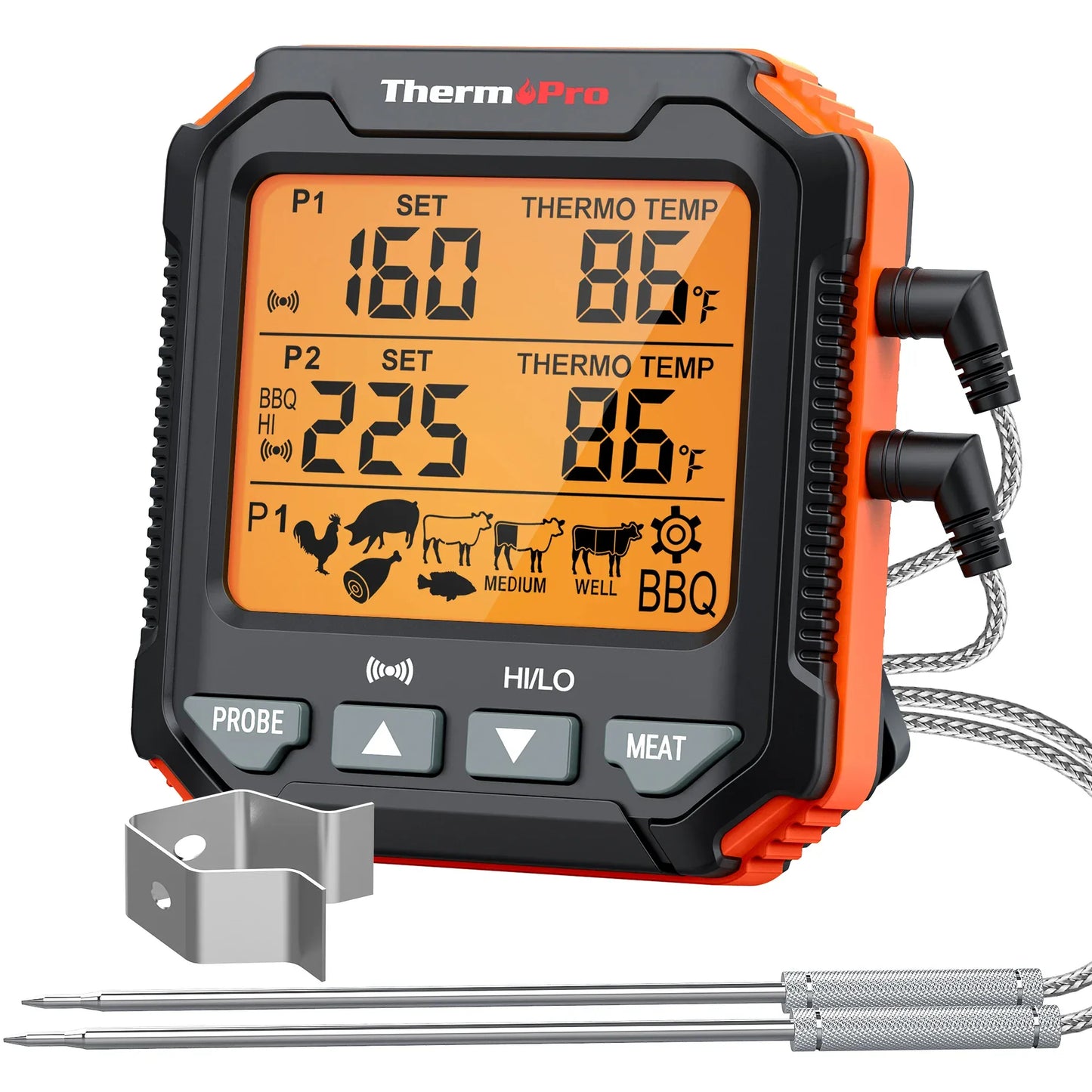 Thermopro digital meat thermometer with probes on a white background