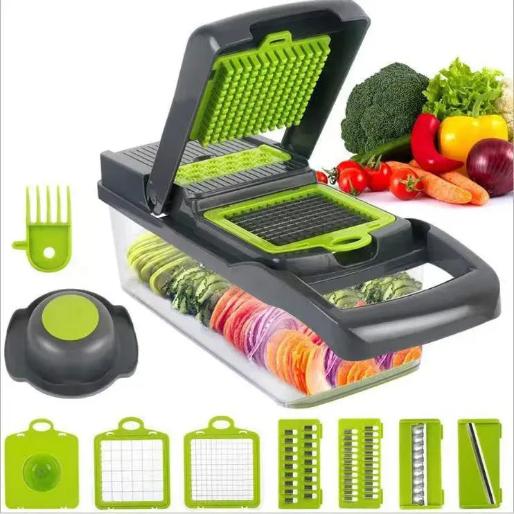 Multifunctional vegetable chopper with various attachments on a white background