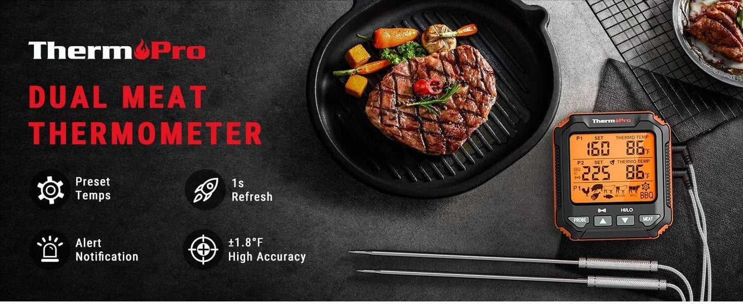 Thermopro dual meat thermometer with a steak on a grill and vegetables, displayed on a dark surface.