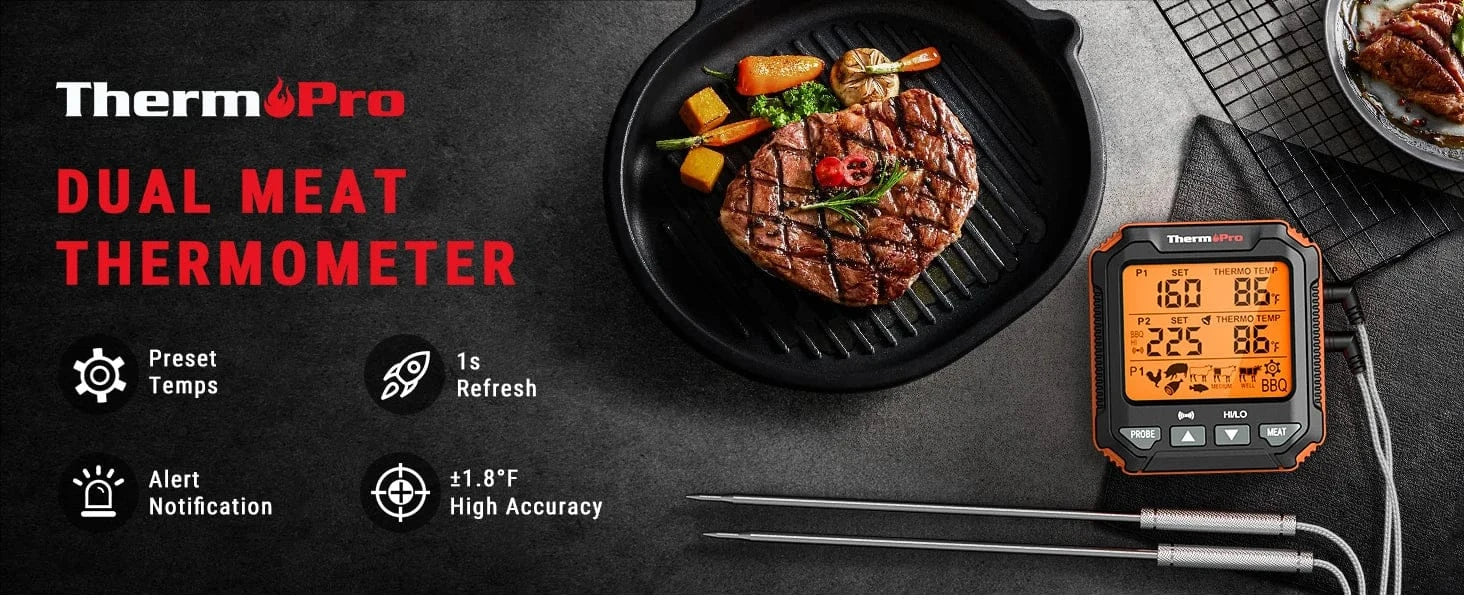 Thermopro dual meat thermometer with a steak on a grill and vegetables, displayed on a dark surface.