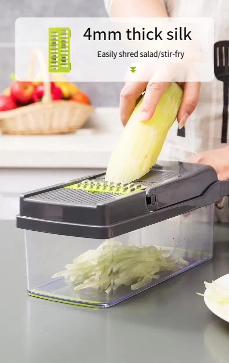 Person using a vegetable slicer to shred a cucumber with text indicating 4mm thick silk for salad or stir-fry.
