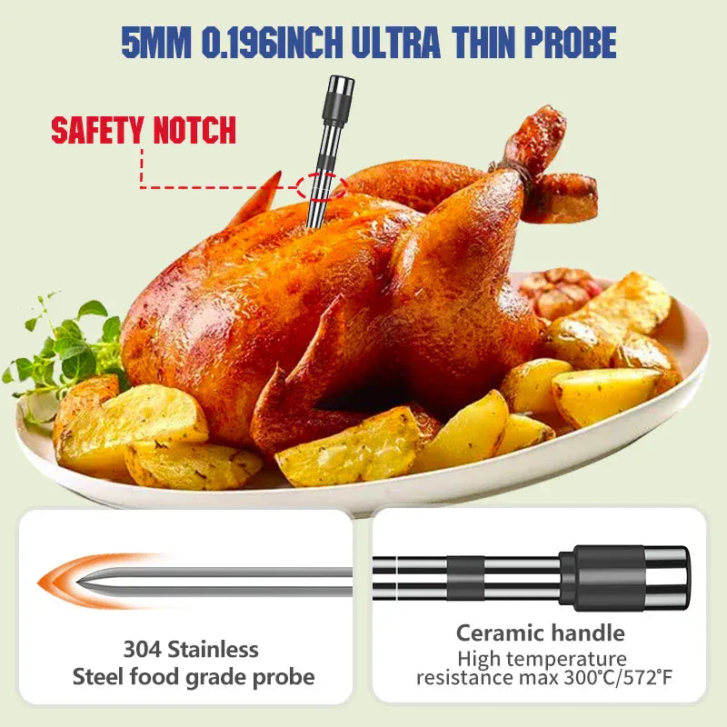 Smoking gun with a ceramic handle and 304 stainless steel food-grade probe, used for cooking a roasted chicken with potatoes.